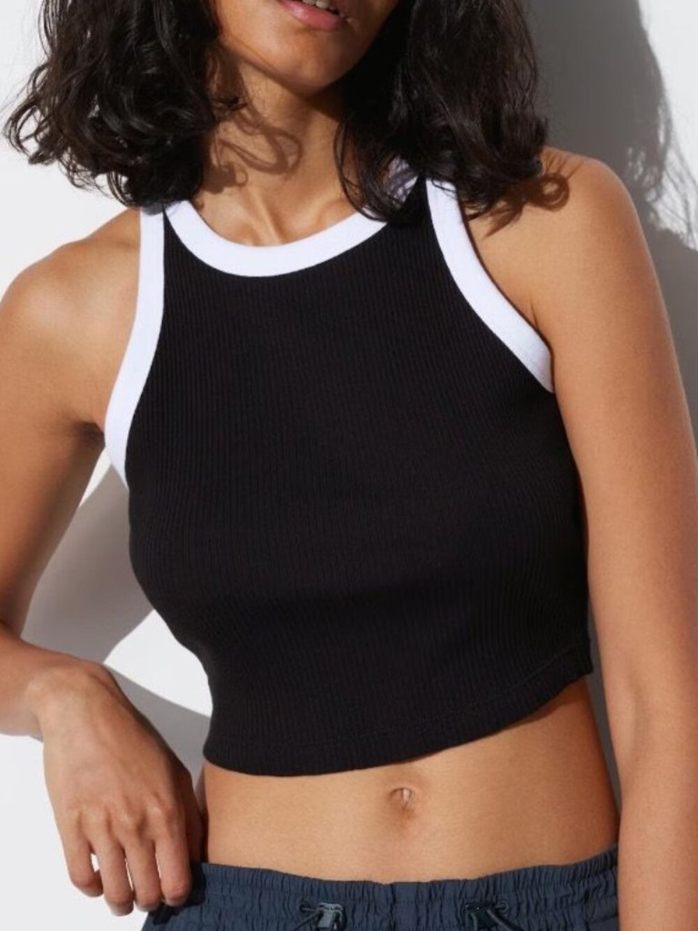Uniqlo Black White Ribbed Racerback Crop Tank Top Size XS